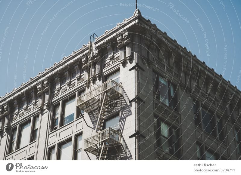 La Architecture Los Angeles downtown Americas Fire ladder Facade USA California Town Blue Downtown Deserted Exterior shot built City Window urban