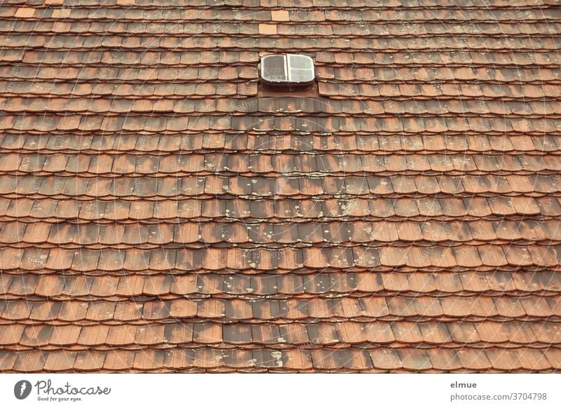 The small roof window seemed to be lost and useless for a long time between the many red and meanwhile also weathered beavertail tiles Roofing tile plain tile