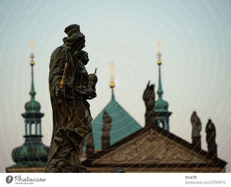 Statue on the Charles Bridge in Prague bridge Sculpture king emperor Seagull Black-headed gull Headwear Church Shallow depth of field Czech Republic Town