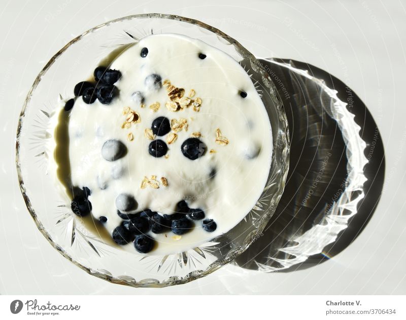 Luxury breakfast | Muesli in crystal bowl from above Cereal Crystal Bowl shell Breakfast Vitamin Interior shot Blueberry Yoghurt Vegetarian diet Berries Healthy