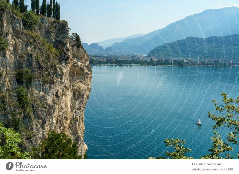 Path of Ponale on the Garda lake, Trentino, Italy Europe Ledro Riva Trento boat coast color day green landscape mountain nature old path photography plant sail