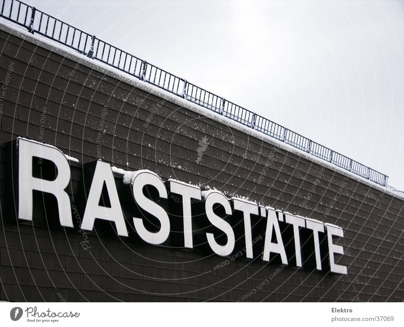 Take a break. Highway Rest Stop Parking lot Characters Break Restaurant Gastronomy Word Keyword Capital letter Illuminated letter Neon sign Deserted Clue