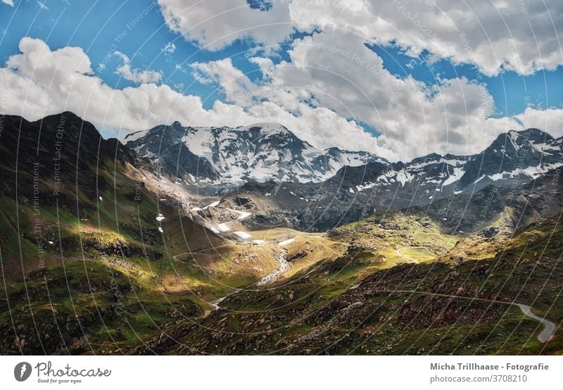 Kaunertal Glacier, Austria Glacier road Tyrol mountains Peak valleys rock Rock Landscape Nature huts meadows Sky Clouds Sun sunshine Street Winding road