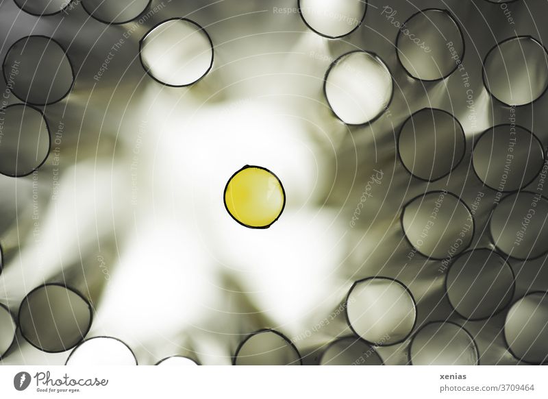 The other - The black framed yellow circle stands alone against a bright background and is surrounded by many tubes filled with grey light Ring Exclusion Circle