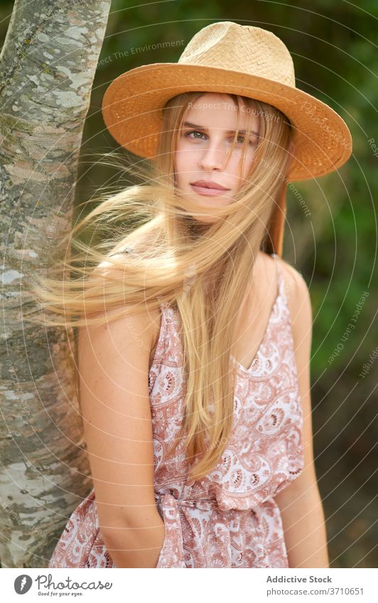 Stylish young woman standing near tree style dress hat nature summer blond charming portrait female beautiful fashion romantic sensual elegant outfit trendy