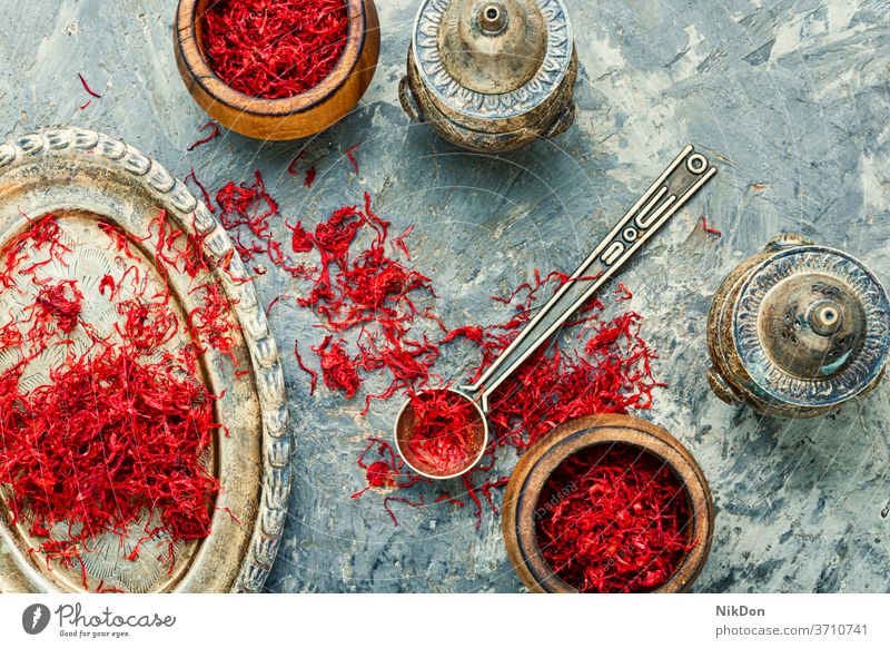 Heap of saffron spice crocus ingredient seasoning food healthy herb flower herbal fragrant saffron crocus healing aromatic condiment cuisine flavor nature