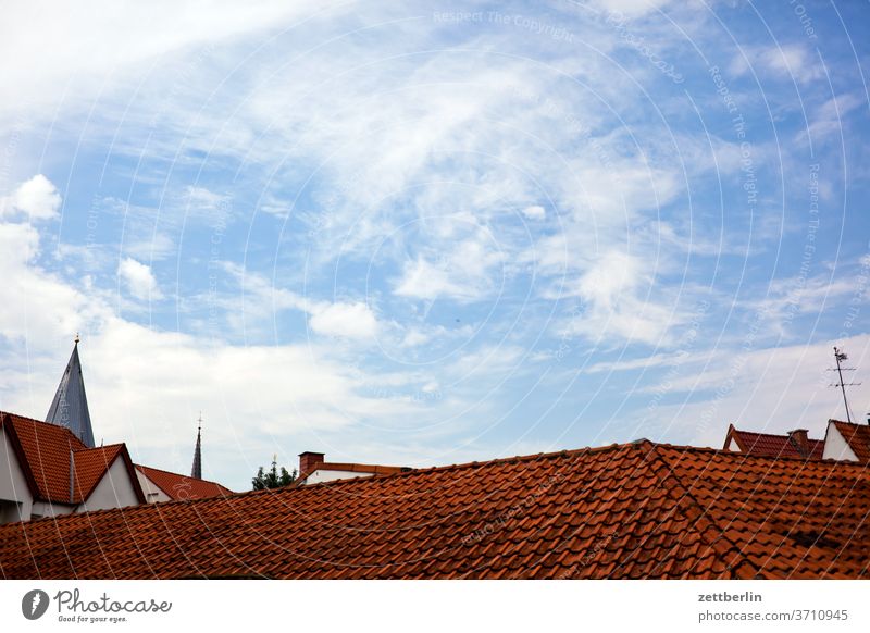 Roofs of a small town Old Clouds Roofing tile Church spire Tiled roof roof tiles pediment Tower Old town Ancient Architecture Sky half-timbered