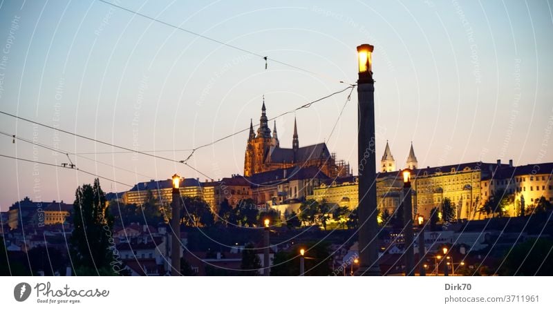 St Vitus Cathedral in the evening light seen from the Manes Bridge Hradcany Prague Castle Malá Strana Czech Republic Gothic period gothic architecture UNESCO