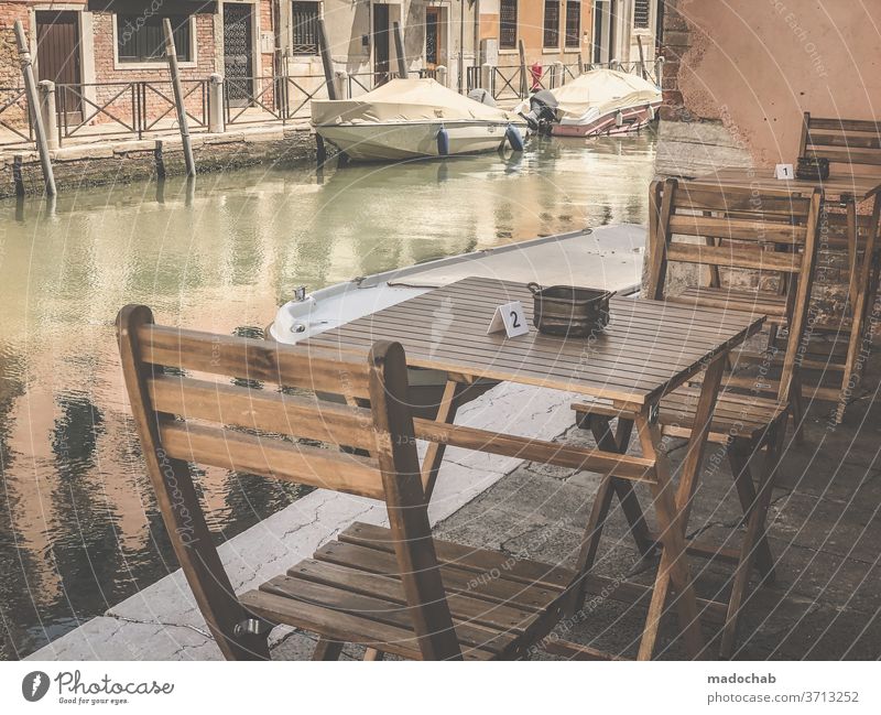 Table set you up Gastronomy Restaurant Empty Venice Sidewalk café Café Chair Tourism Seating Deserted Exterior shot Terrace Colour photo Folding chair guests