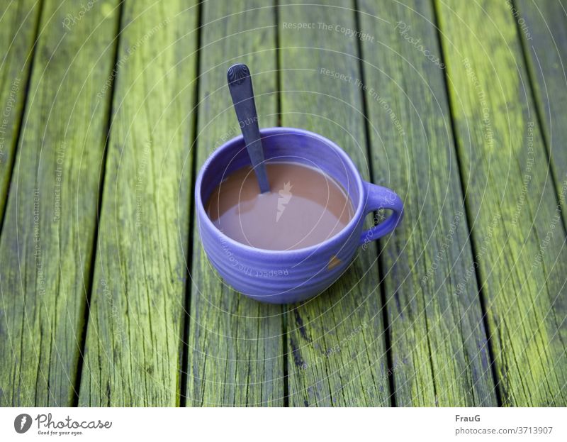 Colour combination | blue cup, green table and coffee Table Wood Canceled Green Cup Earthenware Blue Spoon Coffee Beverage Breakfast vacation Vacation mood