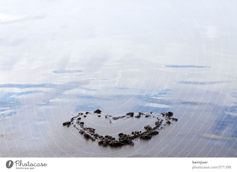 beach heart Nature Sand Water Coast Beach Fluid Blue Gray Sympathy Love Heart Heart-shaped Drawing Earmarked Romance Reflection Sandy beach Colour photo