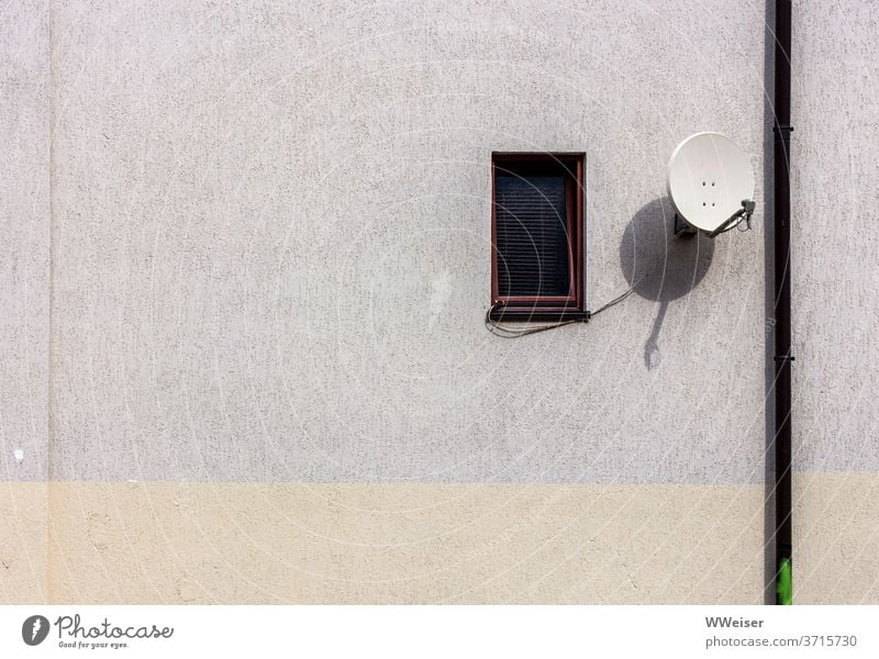 Still life with downpipe, small window and satellite dish Wall (barrier) Wall (building) House (Residential Structure) house wall Window Venetian blinds