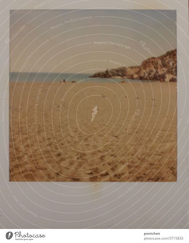 Polaroid shows a scene at the sea with rocks and beach. Somewhere in Greece Beach Ocean vacation Rock beach visitor Bathers Relaxation Nature Vacation & Travel