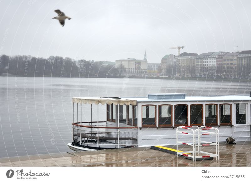 Rainy weather on the Binnenalster Hamburg Inner Alster Hanseatic City alster steamer Ballindamm Jungfernstieg move Water Sky Fog Town Exterior shot Colour photo