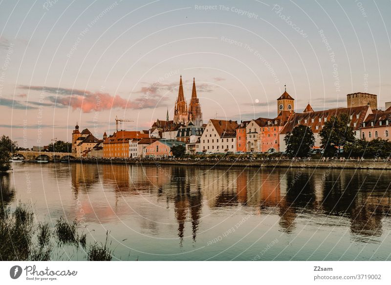 Danube bank Regensburg Danube banks River Water reflection Church Town urban Old town Bavaria Germany Moon Evening Sunset Summer Warmth Night Company Sit