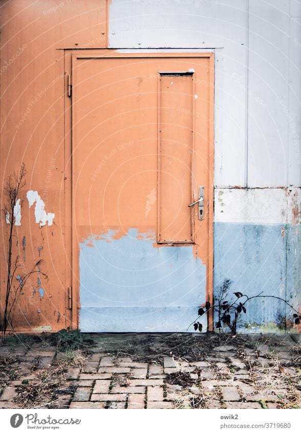 Loss zone metal door Transience Destruction Decline Trashy Old Metal Colour photo Exterior shot Close-up Detail Deserted Copy Space top Copy Space middle