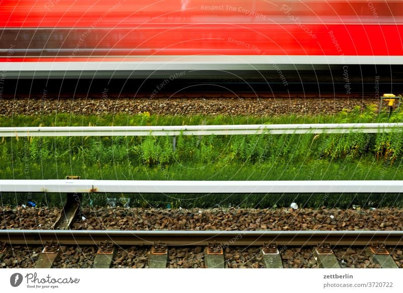 Train passage Train station Railroad crossing Berlin Motion blur Hectic Sky Local traffic rail speed Control barrier Summer Transport Blur urban