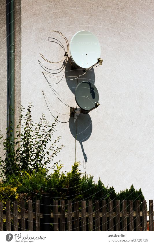 Satellite dishes with batten fence Small Town Deserted location Saxony-Anhalt sandersdorf settlement Summer Copy Space urban dwell satellite dish reception