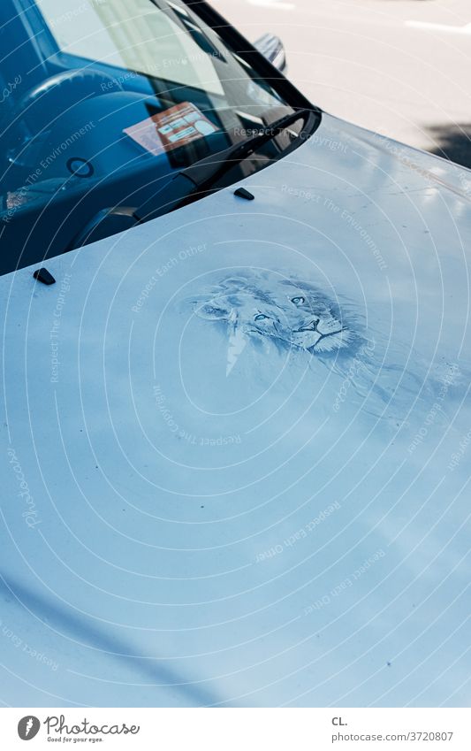 lion on hood low Car Hood car Vehicle Blue Animal Illustration Transport Street Machismo masculinity Means of transport Exterior shot Colour photo Deserted