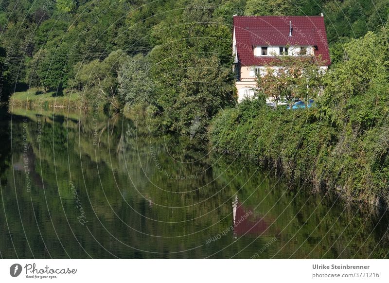 Small house with red roof on the banks of the Neckar River River bank Neckar valley House (Residential Structure) Building Detached house Roof Red Green Nature