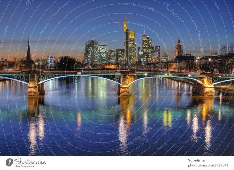 Frankfurt, evening Evening High-rise Main high-rise city evening mood Town City Skyline Rhein-Main area Hesse Germany brd HDR River bridge ignatz-bubis-bridge