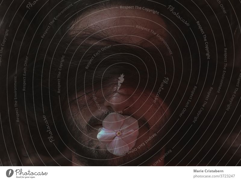 Conceptual portrait of a man blindfolded by hair with a flower on his mouth dramatic portrait conceptual portrait surreal symbol expression male metaphor