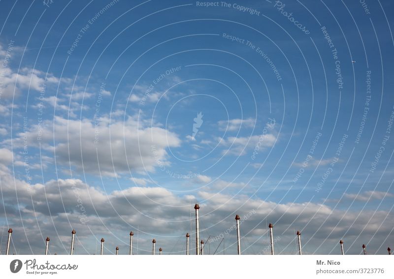 Sky above the clouds Clouds Blue sky Beautiful weather Industry Industrial plant Ventilation Chimney Many exhaust pipe Fireside Roof structure Construction