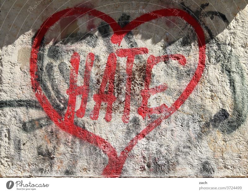 love & hate Graffiti street art Wall (barrier) Mural painting Facade embassy Letters (alphabet) Digits and numbers Love Heart Romance Hatred furious