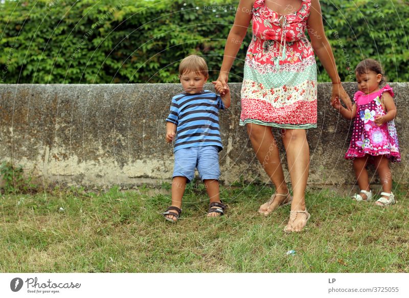 mother and 2 kids getting down a hill Parenting Children's game children afraid Safety (feeling of) Hope Complex Contact Protection Adults Brothers and sisters