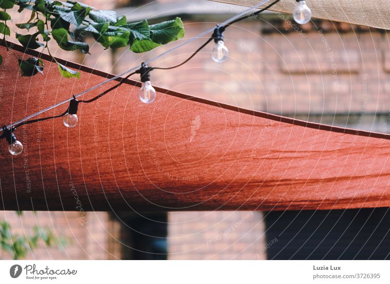 Lanterns and sun protection tone in tone in front of a brick wall Sunshade Fairy lights lamps russet Brick foliage Colour photo Exterior shot Deserted Day Light