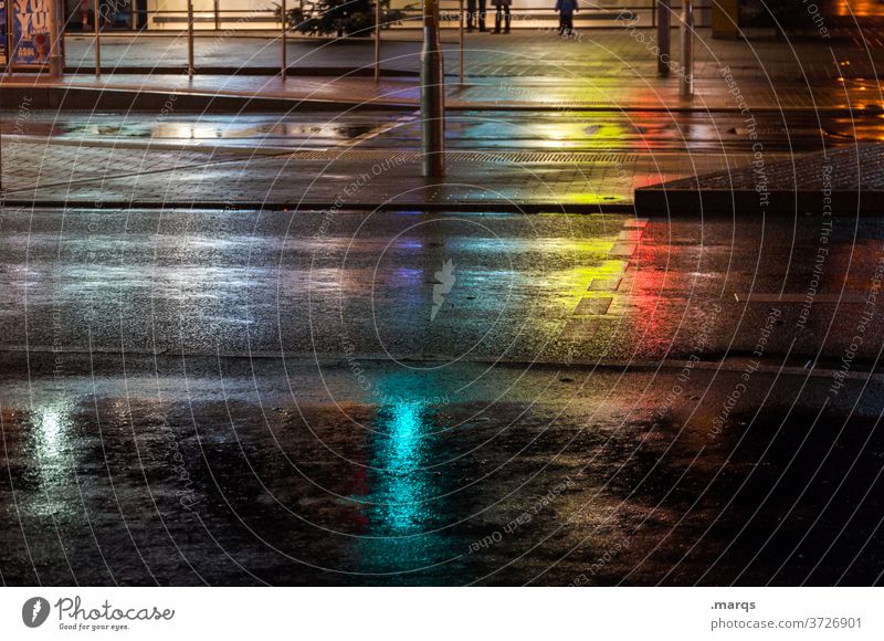 silent night Night Street downtown Asphalt Crosswalk clearer Wet Reflection Colour Empty Pedestrian crossing Lanes & trails Dark