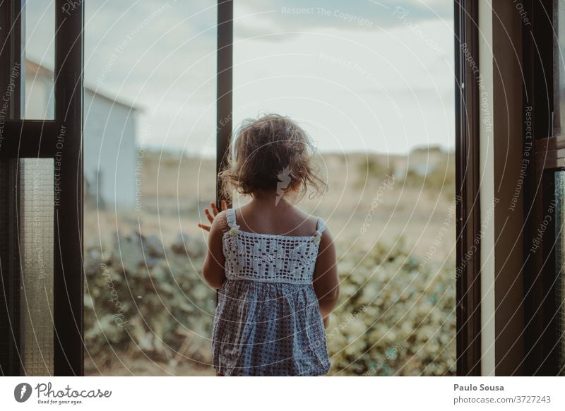 Child looking through window Rear view childhood at home stay at home Infancy indoor 1 - 3 years Colour photo Interest Contrast Light Day Hair and hairstyles