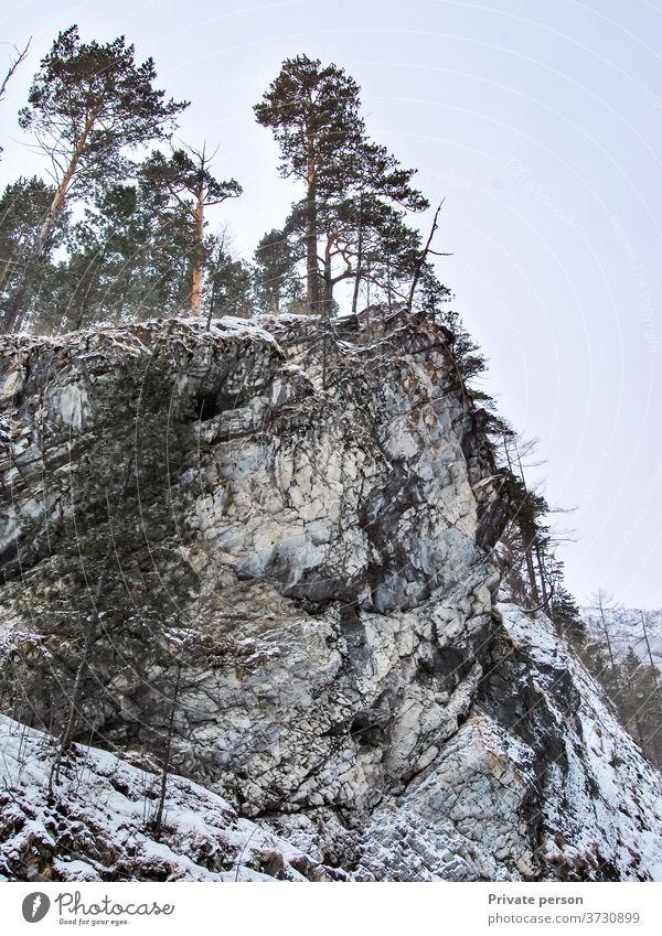 Trees on top of rocks, mountain landscape Rocky cliff peak rock cliff risk overcoming nature no people travel sky rocky outdoors hill scenic scenery stone