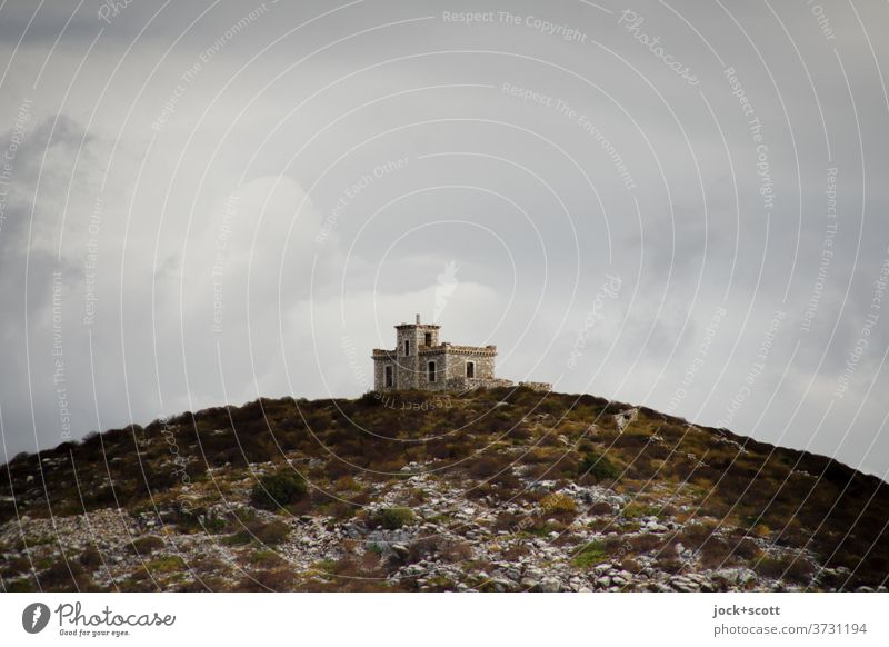 Hill with stone house on it Island Euripos House (Residential Structure) Clouds Idyll Remote Weather Solitary Loneliness Nature Sky Above on one's own