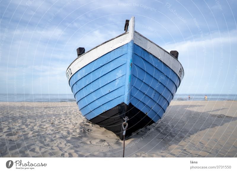 Boat on the beach boat Beach Coast Ocean Fishing boat Deserted Usedom Vacation & Travel Copy Space top Summer Sand Baltic Sea Tourism Exterior shot Island