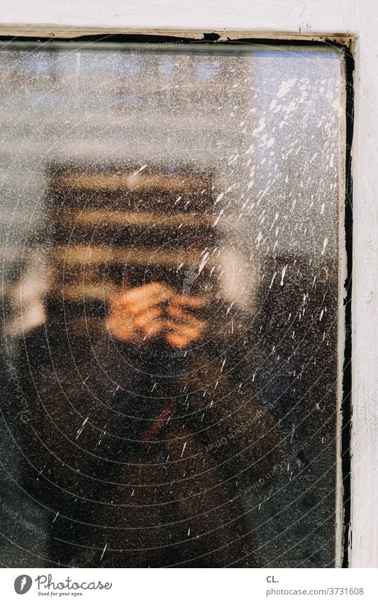 photographer in window Window Window pane Reflection Mirror image Take a photo Photographer Photography Dirty paint splashes Colour Old Broken Identity