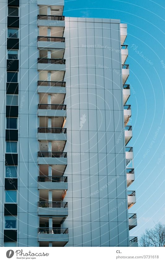 skyscraper High-rise Facade Architecture Anonymous Town Balcony Blue sky Beautiful weather Sky Tall Deserted Exterior shot