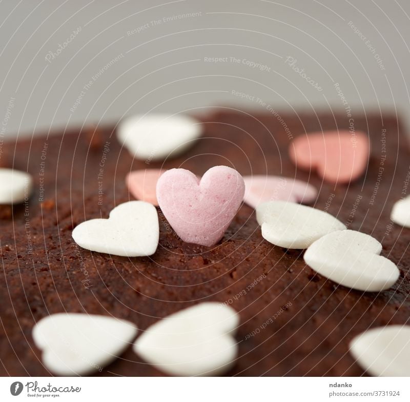 heart-shaped sugar topping on brownie chocolate cake sprinkling bake baked bakery baking black closeup cocoa cooking cuisine dark delicious dessert eat food