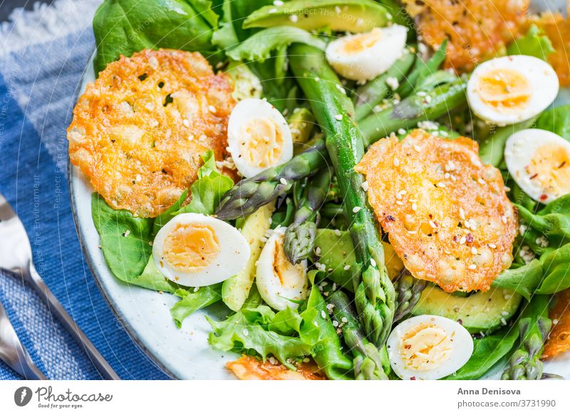 Asparagus Salad with quails eggs and cheese crisps asparagus salad quail egg healthy avocado detox gruyere green food vegetable gourmet vegetarian appetizer