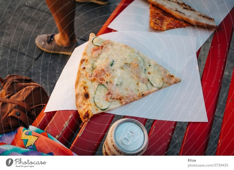 Low Budget in Venice: Pizza and beer on a park bench Beer Park bench low budget piece of pizza Italian Italy Characteristic Snack Eating out Delicious fast food