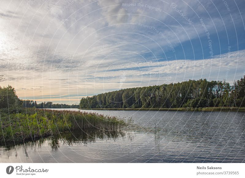 lake in the forest in slightly cloudy afternoon / Latvian landscape water sky nature river reflection blue clouds summer trees pond outdoors green scenery