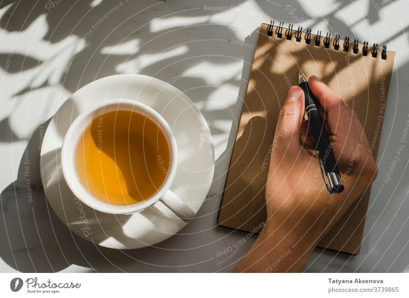 Cup of herbal green tea at marble table with notebook cup diary writing notes hot drink autumn natural beverage white refreshment plant closeup relaxation warm