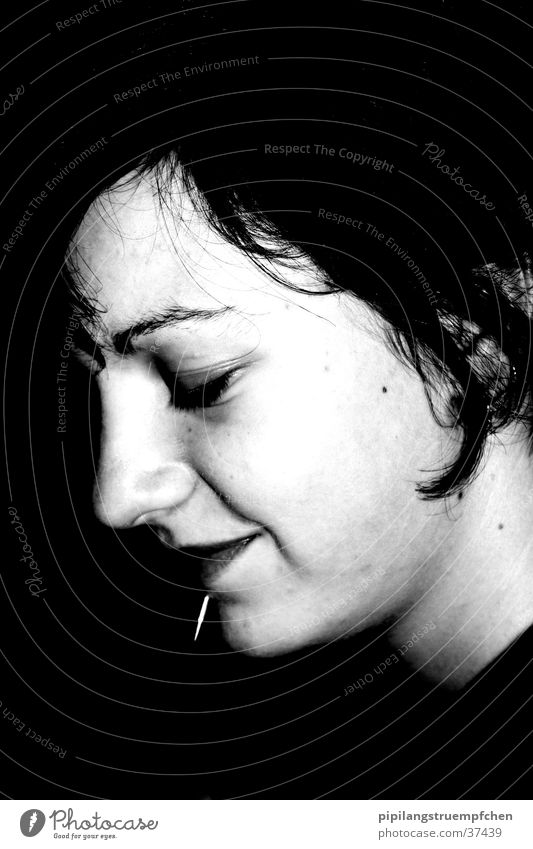 second scene 3 Woman Piercing Sheepish Black & white photo dark/light Laughter