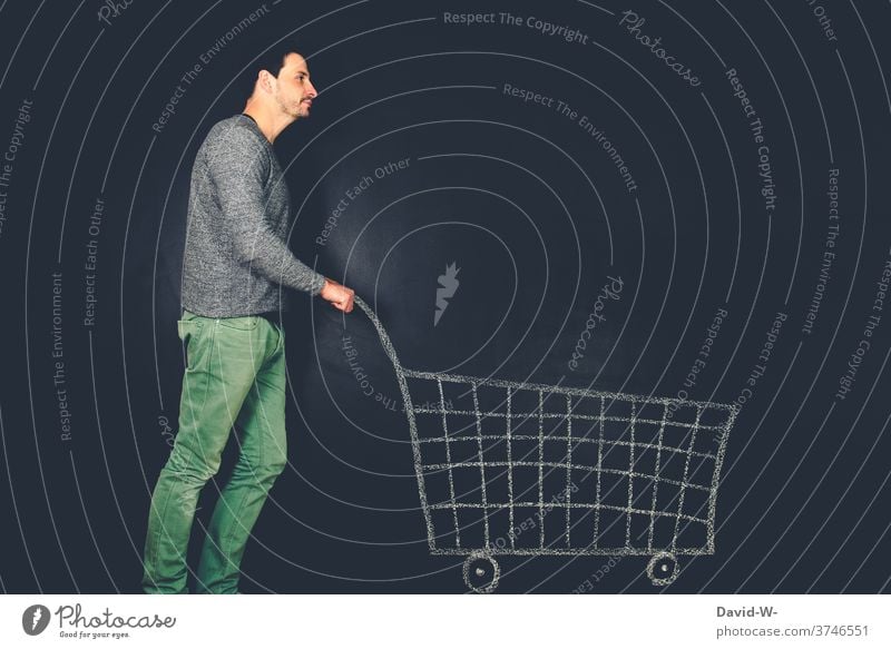 Man pushes shopping trolleys | dynamic Shopping Shopping Trolley Store premises Customer consumer Retail sector Consumption creatively