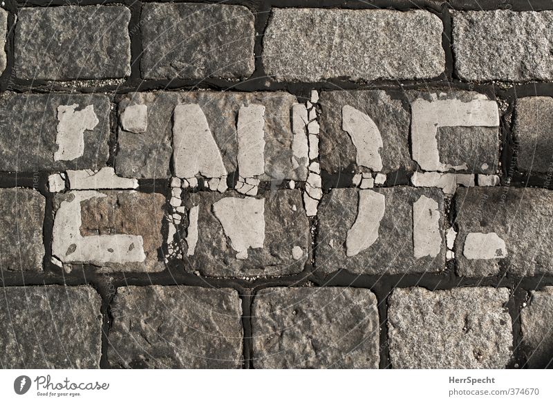 end Transport Cycling Street Characters Signs and labeling Town Gray White End Cycle path Cobblestones Lane markings Old Bleached Derelict Colour photo