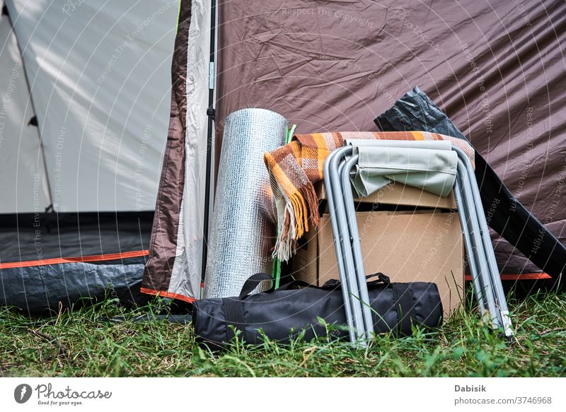 Tourist tent in forest. Hike concept camp background tourism nature wild grass sun trip tree activity adventure outdoor summer travel vacation hiking landscape