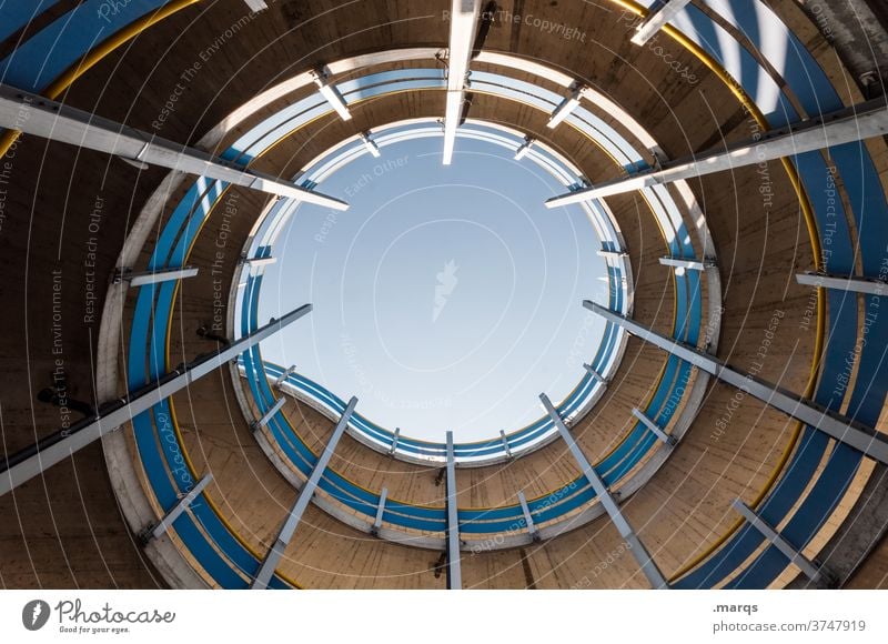 Car park driveway Cloudless sky Ambitious Perspective Round Parking garage Tall Worm's-eye view lines Architecture Crash barrier Above Skyward Concrete