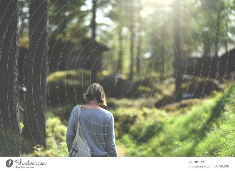 in the Finnish forest Horizon Baltic coast Scandinavia Rock Jawbone wide Finland Ostrobothnia Forest hut mökki Sun Woman To go for a walk Hiking Nature Summer