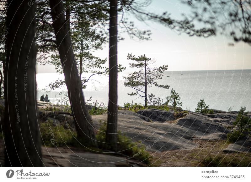 View to 2 Horizon Pietarsaari Baltic coast Baltic Sea Scandinavia Coast Beach rocky coast Rock Jawbone wide Ocean Finland Ostrobothnia couple Couple Together