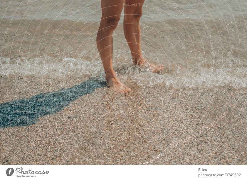 Man legs stand in the water of a lake or a sea Legs Ocean Beach Waves Water Lake cooling Summer bathe Refreshment Swimming & Bathing Vacation & Travel Barefoot